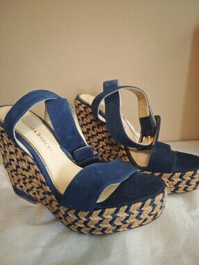 Paloma Barcelo Navy Suede Woven Platform Wedges